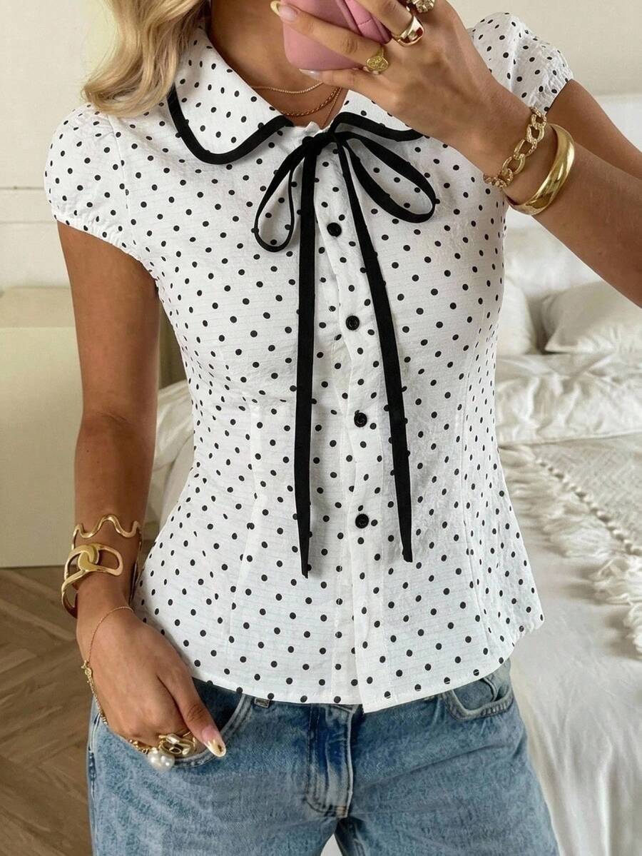 CovetEZ Women's White And Black Polka Dot Pattern Bow Batwing Sleeve ...