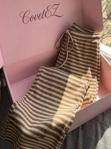 CovetEZ 女款條紋抽繩腰撞色休閒百搭日常旅行長褲 - 棕色 - 查看 2