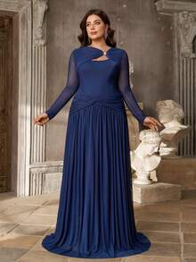 Aureia 2026 New Elegant Deep Royal Blue Mesh One-Shoulder Slimming Ruched Asymmetrical Twisted Split A-Line High Slit Dress, Suitable For Wedding Events, Bridesmaid Gown, All Formal Occasions, Heavy Embellished Evening Gown - Blue - View 6