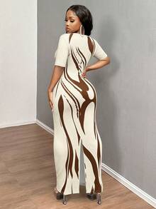 INAWLY Solva Women's Summer Sexy Fitted Printed Short Sleeve Dress - Apricot - View 2