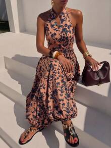 Zivah New Women's Elegant Brown Floral Print Halter Top + Lantern Pants Set, Palace Style Vintage Romantic Bohemian Holiday Loose Commute Vacation Autumn Outfit New Chinese New Year Party Set - Multicolor - View 8