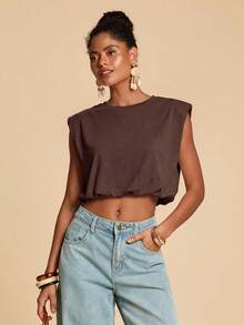 Travachic Tank Top Rajut Polos Wanita untuk Liburan - Coffee Brown - View 4