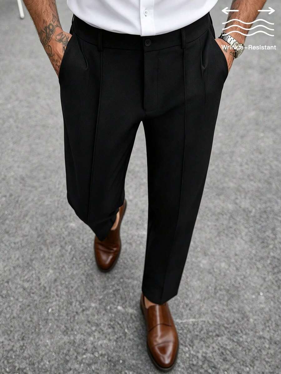 Manfinity Mode Men's Black 3D Pressed Center Line Split Casual Commute Durable Straight Leg Suit Pants - Black - View 1