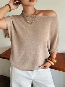 Dazy Plus Plus Size Solid Color Loose Cold Shoulder Short Sleeve Casual Vacation Spring/Autumn Lightweight Knit Top - Khaki - View 6