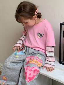 THE POWERPUFF GIRLS X DAZY Young Girl Color Block Striped Long Sleeve 2 In 1 Autumn T-Shirt - Baby Pink - View 4