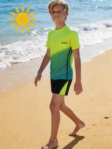 SHEIN 青少年男孩 2件組漸層圖案泳衣套裝，適合海灘、游泳、衝浪洗澡，夏季泳裝 - 彩色 - 查看 1