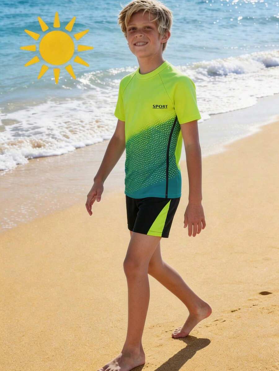 SHEIN 青少年男孩 2件組漸層圖案泳衣套裝,適合海灘、游泳、衝浪洗澡,夏季泳裝 - 彩色 - 查看 1