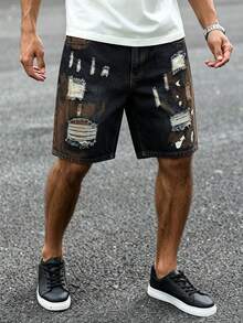 Manfinity LEGND Unisex Streetwear Distressed Paint Splatter Denim Shorts - Multicolor - View 5