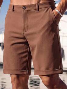HIMLAND Men's Woven Solid Color Short Mid-Waist Slim Straight Leg Shorts, Bermuda Inseam, Suitable For Daily Wear, Spring And Summer - Brown - View 3