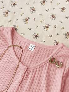 Teen Girl Summer New Slim Fit Flattering Versatile Pink Ribbed Knit Round Neck Button Short Sleeve Top - Pink - View 6