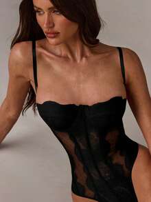 SHEIN BAE Women's Sexy Lace Polka Dot Mesh Patchwork Camisole Camisole - Black - View 6