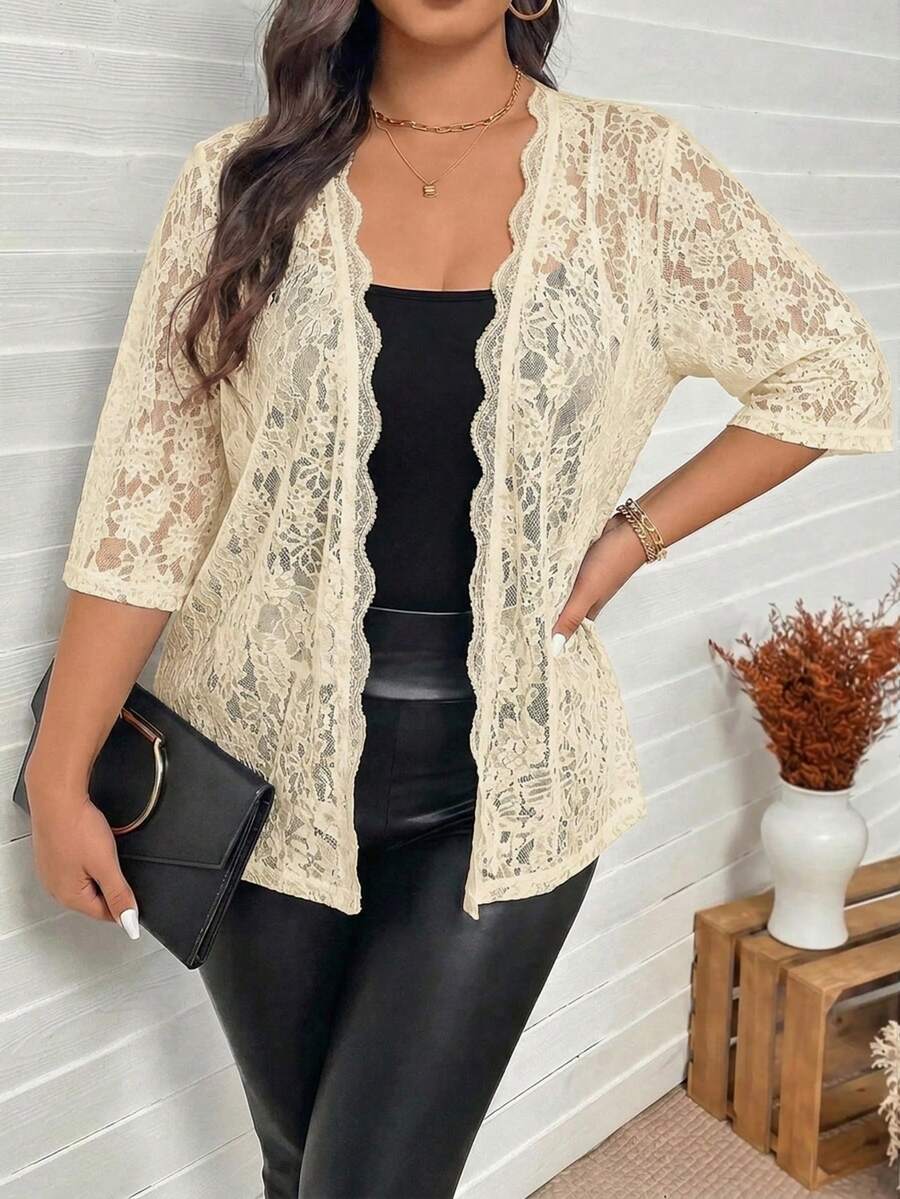 SHEIN LUNE 大尺碼女款蕾絲休閒百搭日常夾克外套 秋季 - 米色 - 查看 1