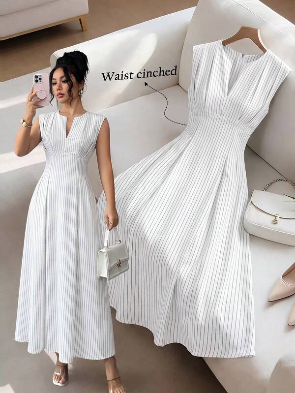 Selenza Fashionable V-Neck Short Sleeve Elegant Casual Cinched Waist A-Line Hem Women's Mid-Length Black & White Striped Denim Dress