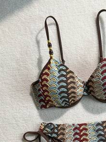 Swim Chiccia Spring/Summer Best-Selling Beach Vacation Casual Textured Jacquard Fabric Adjustable Shoulder Strap Cup Top With Decorative Trim Hem Steel Wire Support Back Buckle + Textured Special Fabric Side Tie Bow Triangle Bikini Bottom Summer Outfit Cute Luxury 2-Piece Set - Multicolor - View 4