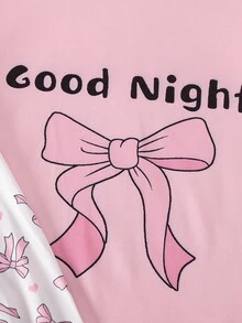 2件組女孩大童居家長袖套頭睡袍休閒AB條紋蝴蝶結印花睡衣 - 粉色 - 查看 4