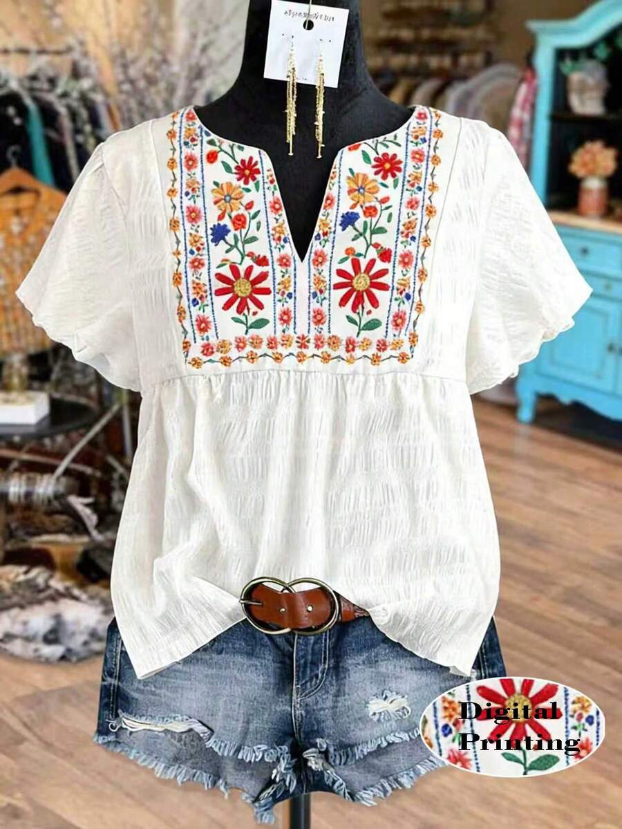 SHEIN LUNE CURVE قميص كاجوال للعطلات مطبوع رقميًا بتصميم مطرز أنيق، مع أكمام مكشكشة، له تأثير مخفف للحجم، من قماش قابل للتنفس، مناسب للربيع والصيف، مقاسات كبيرة - الأسود - مشاهدة 1