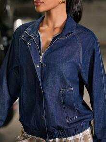 Hauture Women's Sexy Casual Funnel Neck Denim Bomber Jacket With Pockets - Navy Blue - View 6