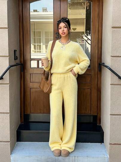SHEIN Teen Girl Soft Faux Mink Fur 2-Piece Set, Teenager Round Neck Loose Sweater + High Waist Wide Leg Pants Set, Autumn/Winter Gentle Skin-Flattering Thick Knit Set, Middle School Student Casual Commute Fuzzy Home/Outdoor All-In-One Outfit