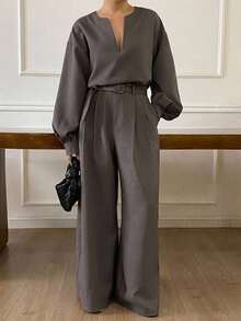 Dazy Plus Autumn/Winter V-Neck Casual Commute Pullover Top & Wide Leg Pants 2 Pieces Set - Grey - View 4
