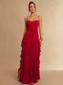 Silquee Mesh Pleated Hem Ruffle Cami Dress - Red - View 3
