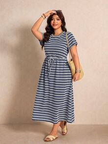 Elaquor Plus Size Vacation Casual Navy Blue Dress Vacation Summer - Navy Blue - View 3