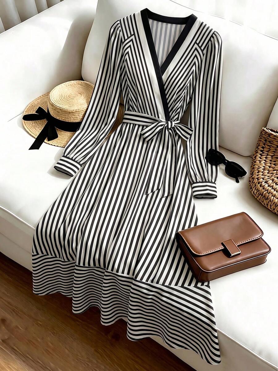 SHEIN Franclia Damenkleid A-Linie mit hoher Taille, Maxi-Länge, V-Ausschnitt, Bindeband, gestreift, elegant, Business, Vintage, Schwarz-Weiß-Kontrast, schwarzes Kleid, elegantes Damenkleid, langes Kleid - Schwarz und Weiss - Übersicht 1