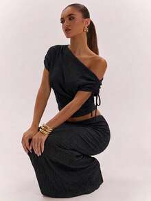 SHEIN BAE Women's Solid Color Asymmetric Neck Drawstring Design Top And Mermaid Skirt Fashion Two Pieces Set - Black - View 6