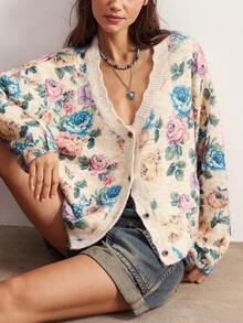 Bohemela 女款花卉印花落肩長袖單排扣針織開襟衫 - 杏色 - 查看 2
