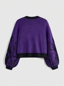ROMWE Cardigan Ukuran Plus Motif Halloween Gothic Horor Gagak Kelelawar Bulan Kuburan Ranting Tanaman Bagian Depan Terbuka Longgar Bahu Jatuh Warna Kontras - Purple - View 2