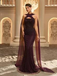 Glamrae Elegant Coffee Brown Luxury 3D Beaded Embroidery Bandeau Top With Heavy Hand-Embellished Beading, Slimming Pleated Front, Chiffon Strapless Drape (Multiple Wearing Styles) And Mermaid Skirt, Suitable For Date, Bachelorette Party, Wedding, All Formal Occasions, Women's Evening Gown - Brown - View 6