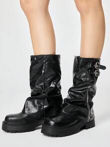 ROMWE Ladies Black Diablo Rock Punk Goth Boots Over The Knee Boots, Fashion Lace-Up Platform Heel Women's Boots, Spring Shoes, Spring Break, Easter, Christm - Belt buckle boots black - View 3