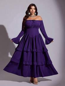 Viva Relle Gaun Wanita Ukuran Besar Warna Ungu Gaya Prancis Romantis Elegan Lengan Lonceng Multi-Cara Pakai Patchwork Ruffle Lengan Panjang Bertingkat Model Kue Musim Gugur - Purple - View 2