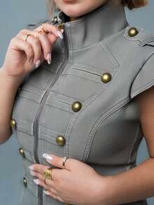 SARA VAULT 2026 New Arrive Minimalism Spring/Summer Women's Retro Mandarin Collar Jacket, Suitable For Commuting Fall - Light Grey - View 3