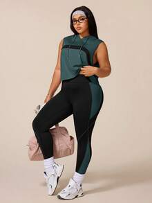SHEIN Rhythm Era 女款運動瑜伽戶外健身運動套裝 抽繩連帽無袖寬鬆運動衫，胸前弧形拼色設計，搭配線條拼色對比緊身褲 - 彩色 - 查看 3