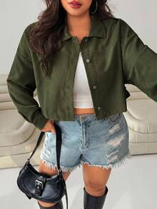 SHEIN EZwear 女款大尺碼軍綠色長袖單排扣休閒夾克外套 秋季 - 軍綠色 - 查看 5