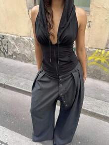 Slaydiva Edgy Deep V Neck Sleeveless Zip Hooded Crop Vest With Pocket, Y2K Baddie Street‑Style Tank Top, OOTD For Halloween Street Party, Christmas City Outing - Black - View 3