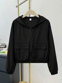 SHEIN 青少年女孩編織純色貼袋短版寬鬆休閒連帽外套 - 黑色 - 查看 10