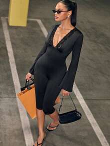 Hauture Women's Sexy Casual Solid Color Lace Panel Deep V-Neck Sexy Long Sleeve Capri Length Jumpsuit - Black - View 1