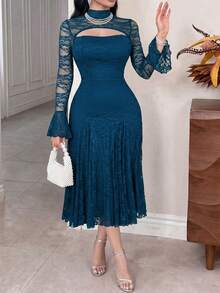 Feyla Plus Size Women's Elegant Lace Dress With Stand Collar, Flared Sleeves And Cutout Design - Teal Blue - View 5
