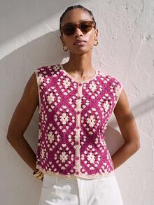 Maija Women's Summer Handmade Crochet Single-Breasted Knit Top Vacation Magenta Retro Casual - Pink - View 2