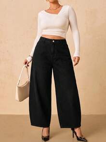 SHEIN Tall CURVE 大尺碼女款休閒寬鬆彎腿牛仔褲，附口袋 - 黑色 - 查看 6