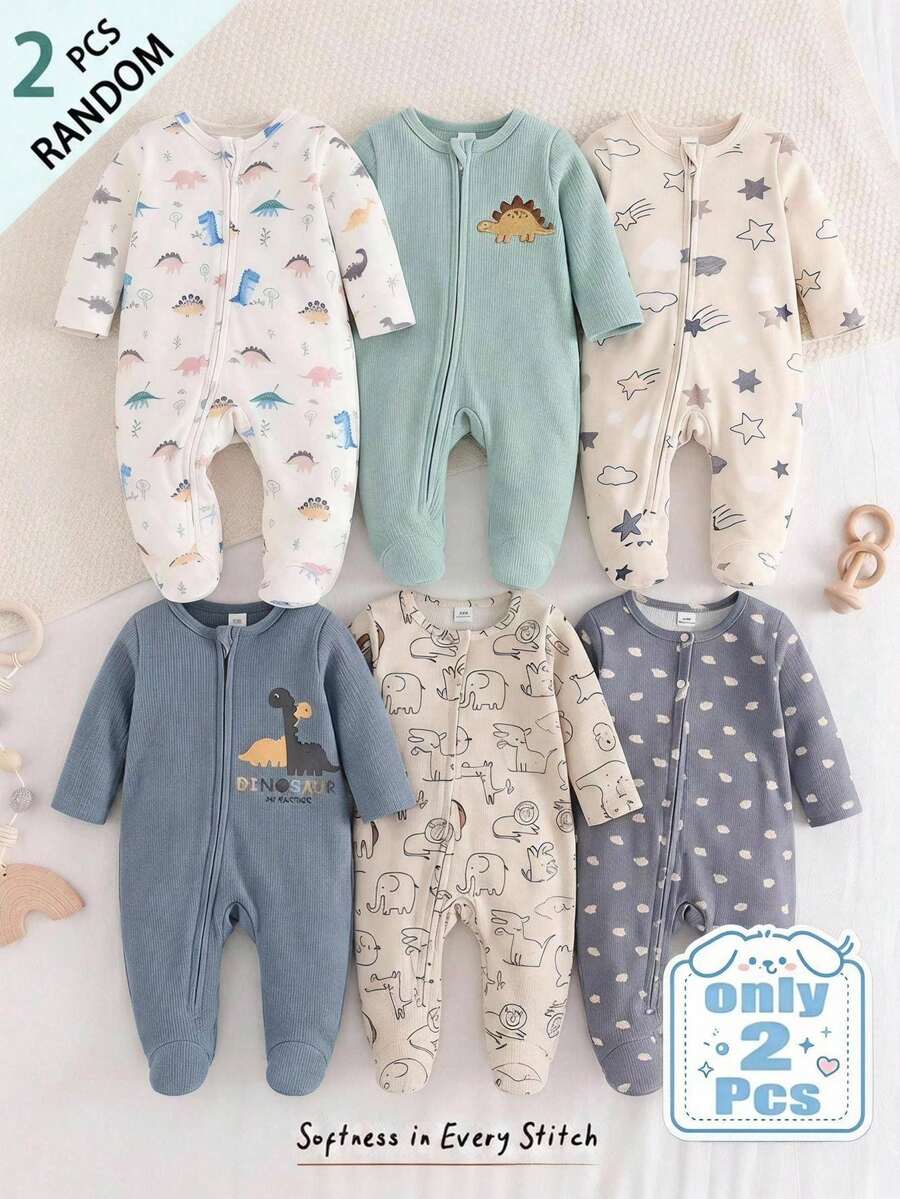 Cozy Pixies 新生兒男嬰女嬰卡通恐龍圖案針織柔軟圓領長袖連身衣與長褲2件套 - 彩色 - 查看 1
