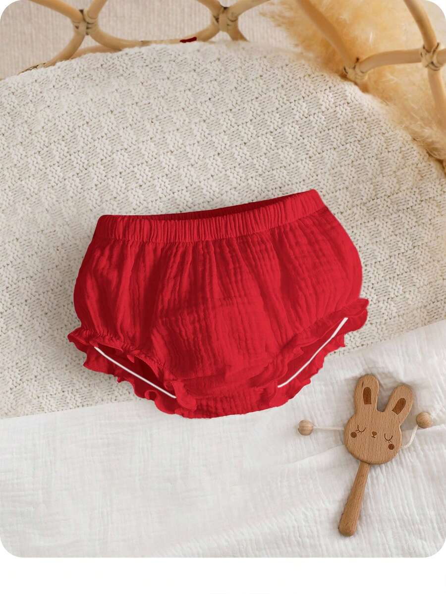 SHEIN Newborn Baby Minimalist Comfortable Soft Textured Ruffle Hem Elastic Waist Bottoms,Kids - Red - View 1
