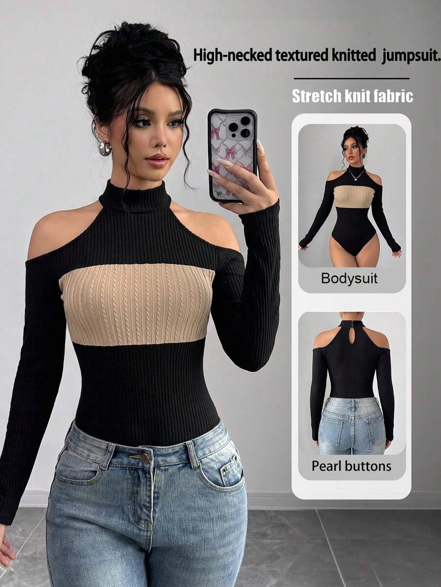 Selianne Bodysuit Lengan Panjang Warna Kontras dengan Bahu Terbuka, Gaya Street Fashion, Cocok untuk Liburan dan Perjalanan - Hitam - View 1