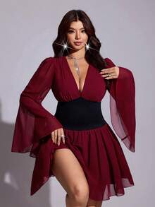 Viva Relle Gaun Ukuran Plus Seksi Warna Burgundy dengan Blok Warna dan Lengan Mengembang yang Mengencangkan Pinggang untuk Musim Gugur - Burgundy - View 4