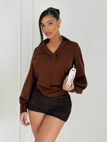Shopreo Women's Solid Color V-Neck Lantern Sleeve Versatile Commuting Elegant Long Sleeve Blouse - Coffee Brown - View 1
