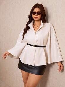 Elaquor Plus Size Women's Stand Collar Casual Elegant Versatile Daily Wear Office Evening Wool Jacket Autumn - Apricot - View 6