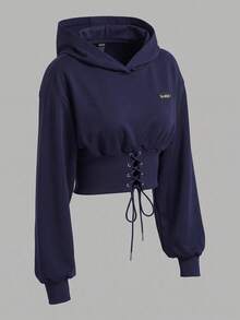 SHEIN EZwear 白色針織女款運動衫，秋冬長袖上衣，海軍藍女款運動衫 - 藏蓝色 - 查看 3