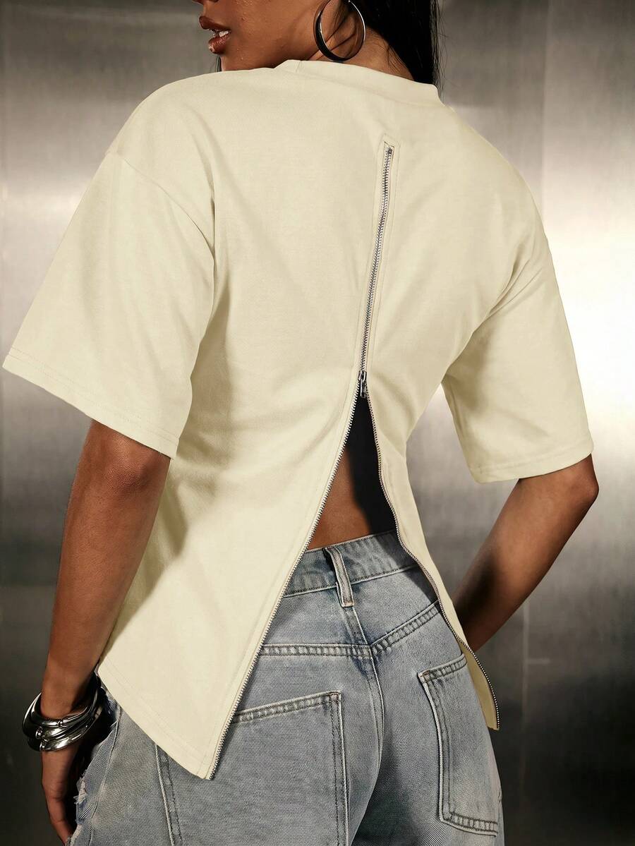 Denimoi Zipper Detail Top Fashionable Streetwear Everyday Wear Oversized Shirt - Apricot - View 1