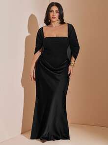SHEIN BAE CURVE Plus Size Women's Black Mesh Patchwork Satin Long Mermaid Hem Dress, Elegant Long Dress Wedding Formal Dinner Cocktail Summer - Black - View 7